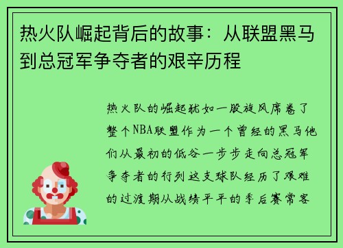 热火队崛起背后的故事：从联盟黑马到总冠军争夺者的艰辛历程