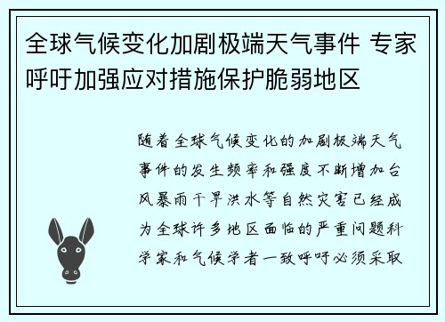 全球气候变化加剧极端天气事件 专家呼吁加强应对措施保护脆弱地区