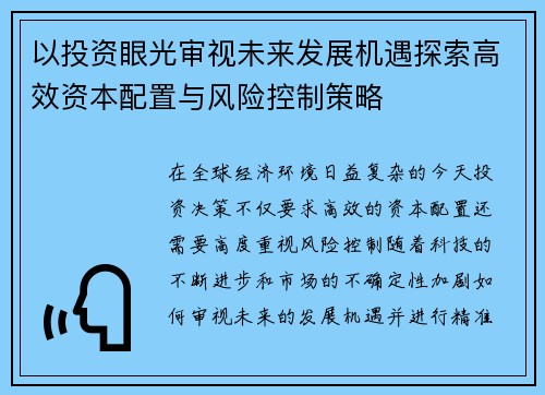 以投资眼光审视未来发展机遇探索高效资本配置与风险控制策略