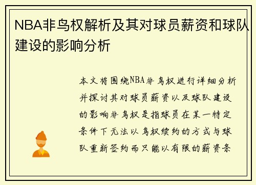 NBA非鸟权解析及其对球员薪资和球队建设的影响分析