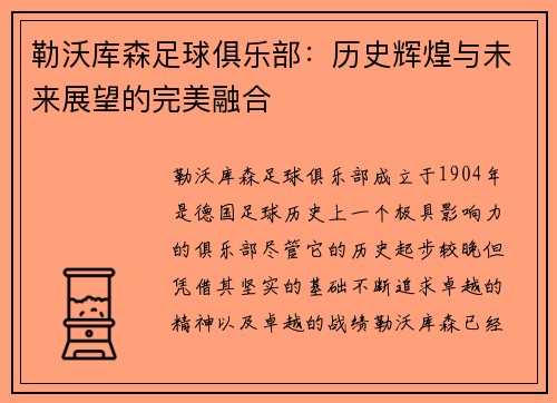 勒沃库森足球俱乐部：历史辉煌与未来展望的完美融合